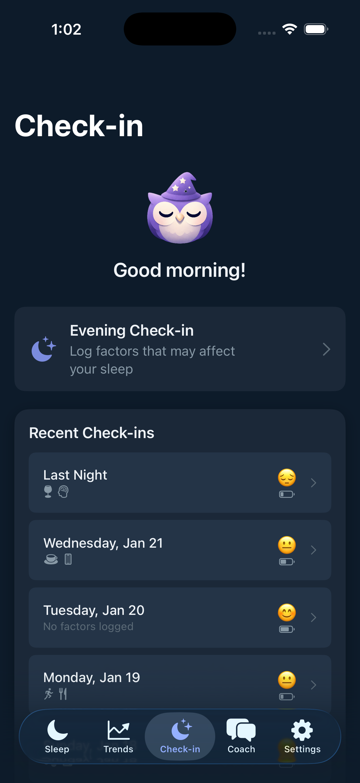 Check-in history showing habit streaks